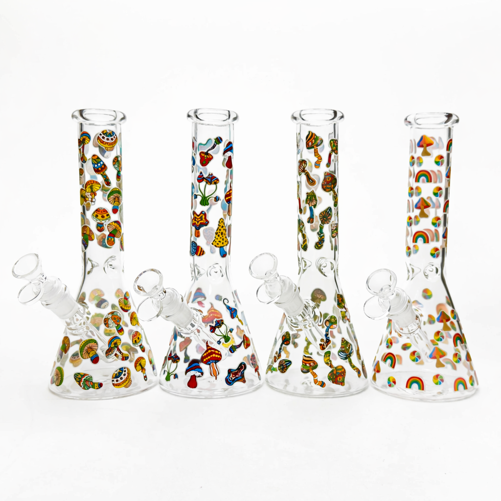 10" Cartoon Mushroom Design Glass Beaker Bong – Glow in the Dark